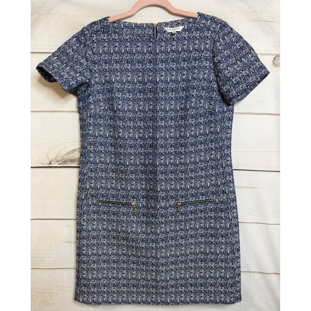 L.K. Bennett London Blue White Tweed Zip Pocket Shift Dress Size US 6 UK 10